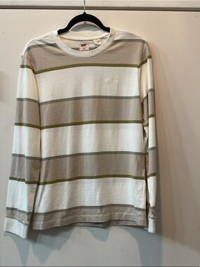 Levi's Long Sleeve Striped Tee in White, Tan & Olive